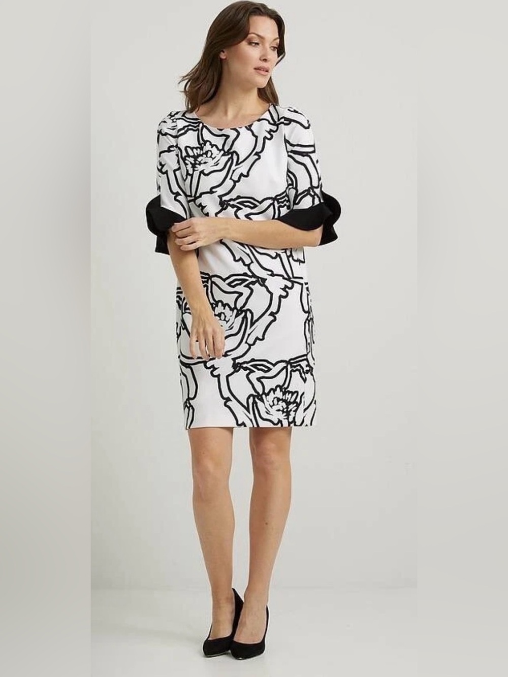 Joseph Ribkoff Abstract Ruffle Dress Black White Sz 14